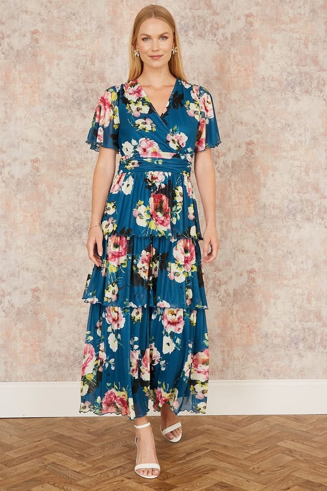 Yumi Yumi Women's Green Floral Mesh Tiered Maxi Dress - 3