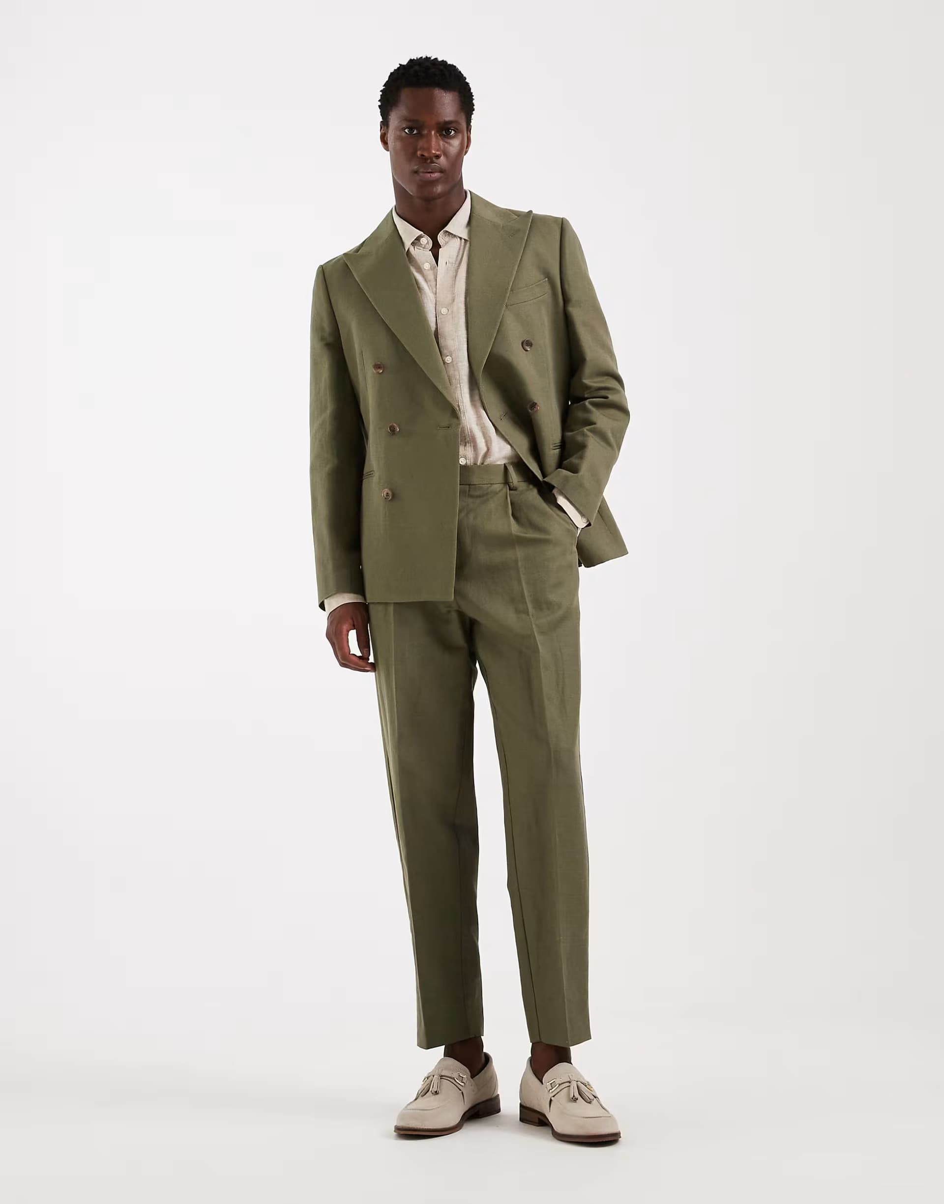 ASOS ASOS DESIGN relaxed tapered linen rich suit trousers in dark olive