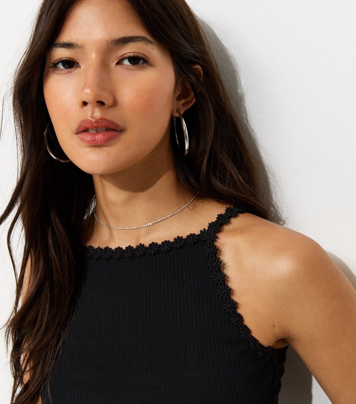 New Look Women's Black Cotton Rich Ribbed Daisy Trim Cami Top New Look