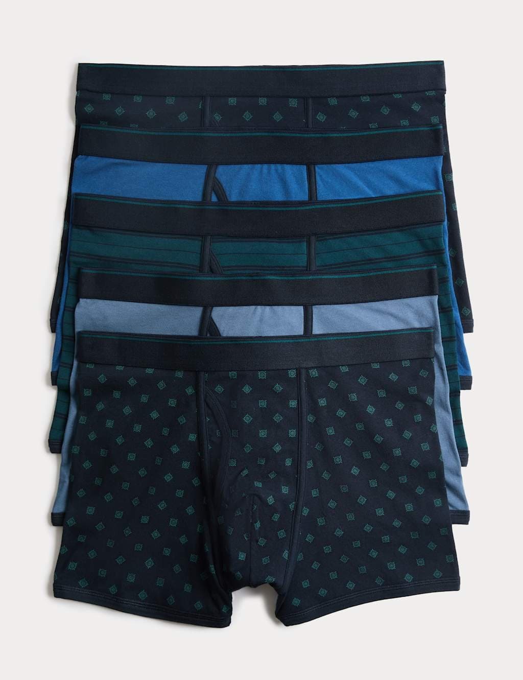 Marks & Spencer M&S 5 Pack Cotton Stretch Geometric Trunks Navy Mix