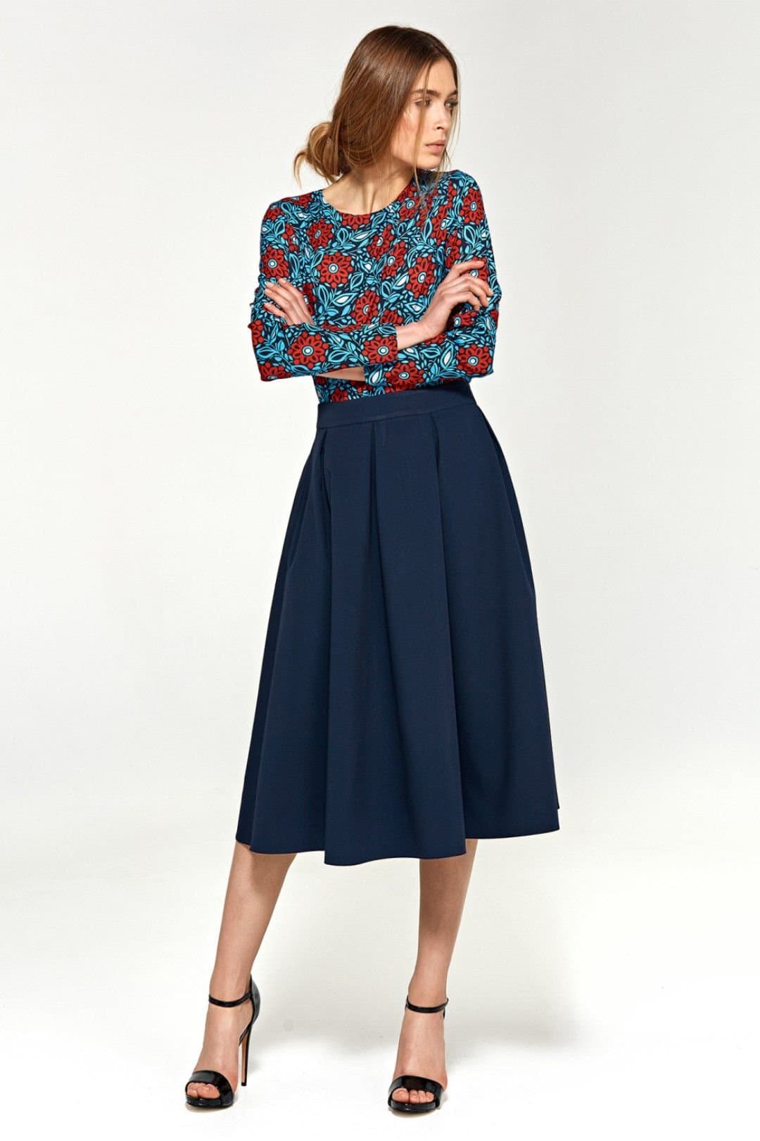 Love Lace Love Lace Blue Pleated Midi Skirt with Side Pockets