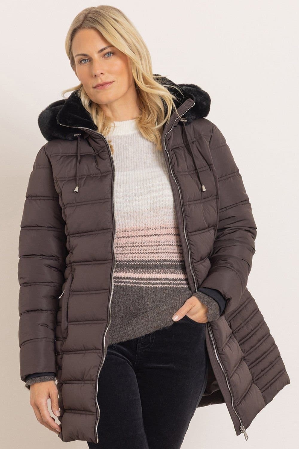 Klass. Klass. Women's Padded Hooded Faux Fur Trimmed Coat in Dark Brown