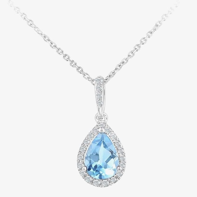 T.H.Baker T.H.Baker Women's 9ct White Gold Pear Shaped Blue Topaz & Diamond Pendant Necklace DP1618WBT in Silver - 2