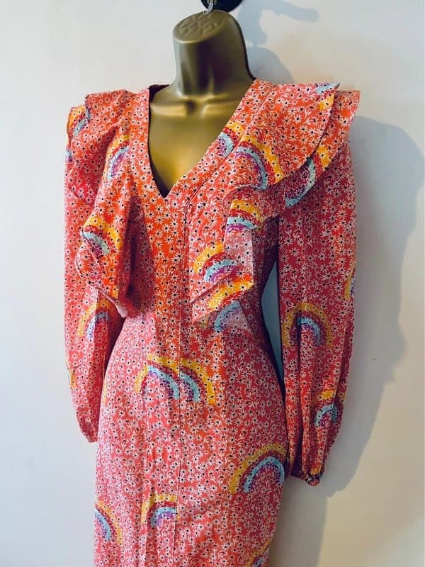 Never Fully Dressed Never Fully Dressed red fellow blue rainbow print ruffle midi dress size 8