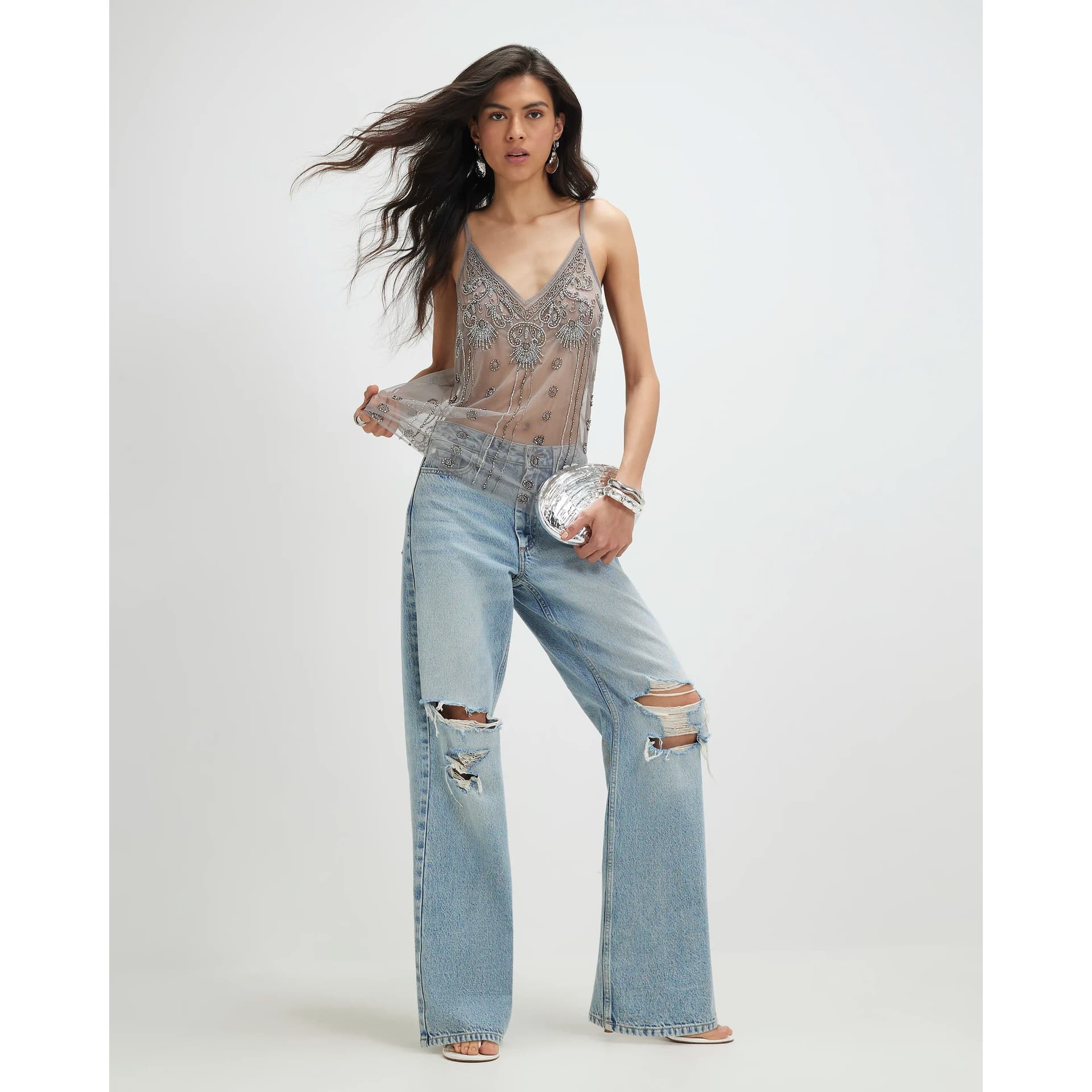 River Island River Island Womens Silver Mesh Embellished Cami Top