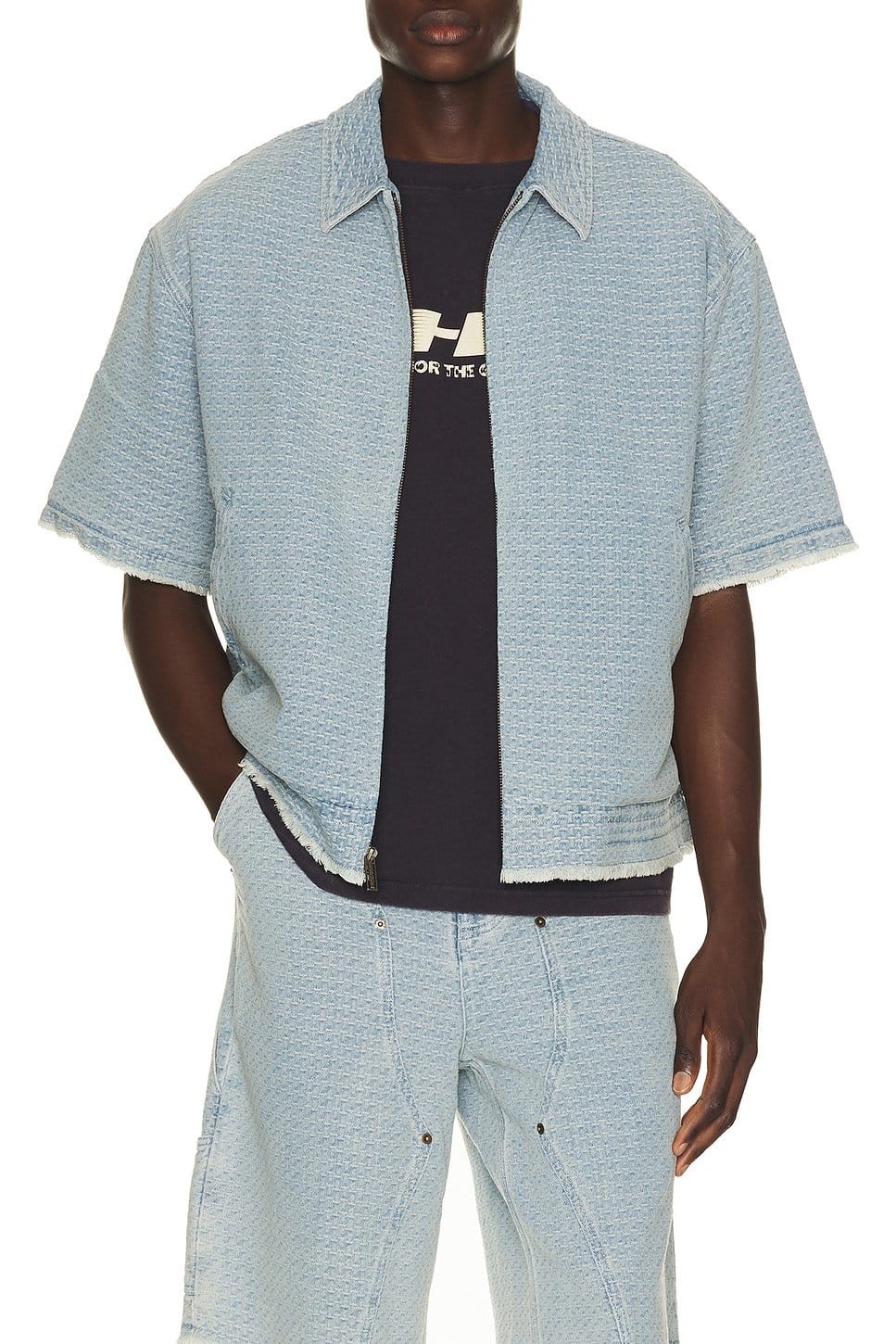 Revolve Vintage Indigo Zip Front Short Sleeve Shirt
