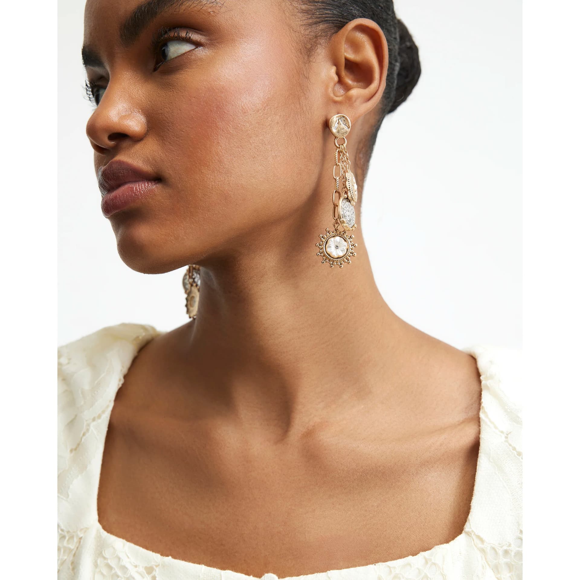 River Island River Island Womens Gold Mixed Metal Cameo Charm Drop Earrings