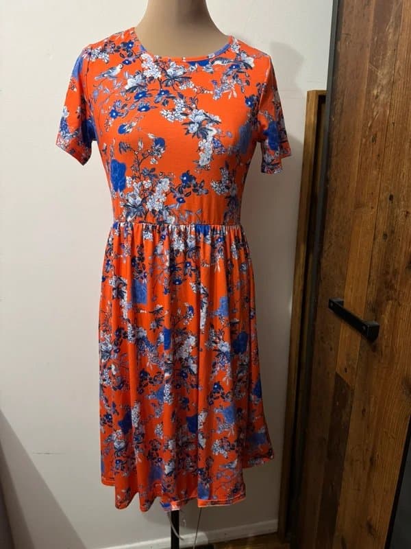 ASOS Design orange blue navy flowers stretch casual comfortable skater midi dress short sleeve size 10
