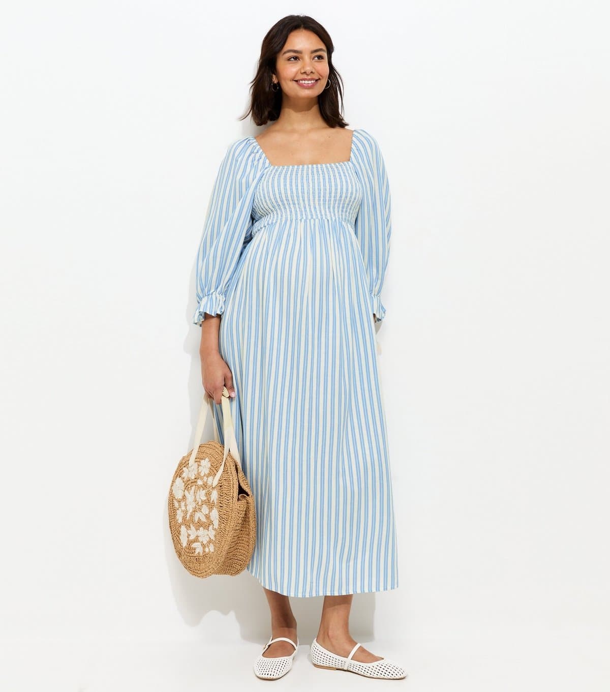 New Look Women's Maternity Blue Striped Shirred Midi Dress New Look