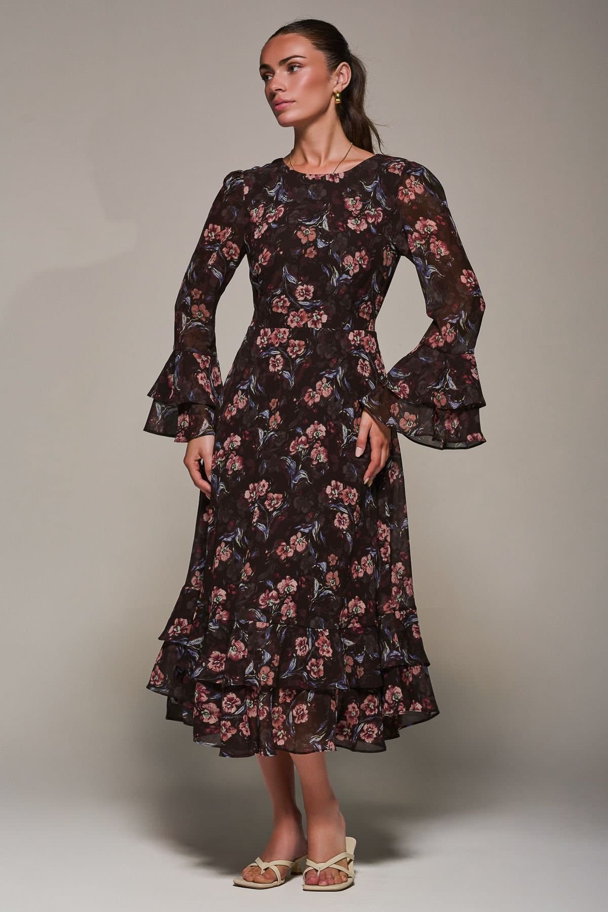 Jolie Moi Jolie Moi Women's Long Sleeve Chiffon Frill Midaxi Dress in Burgundy
