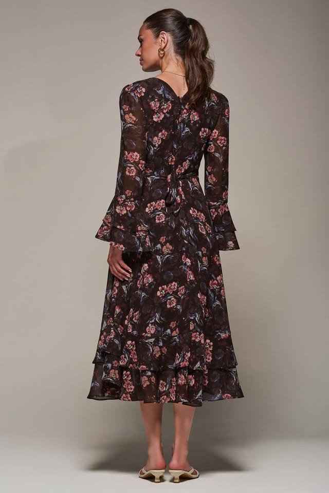 Jolie Moi Jolie Moi Women's Long Sleeve Chiffon Frill Midaxi Dress in Burgundy - 2