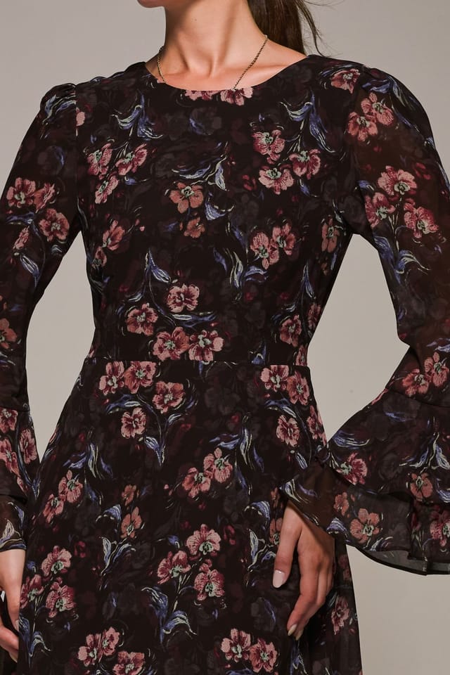 Jolie Moi Jolie Moi Women's Long Sleeve Chiffon Frill Midaxi Dress in Burgundy - 3