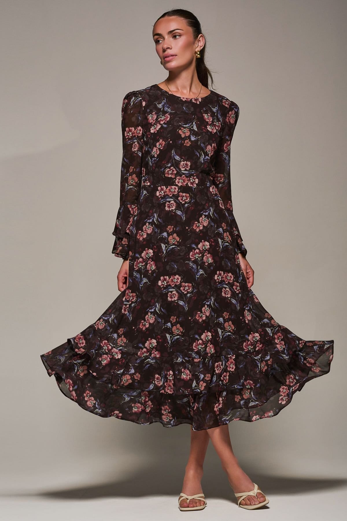 Jolie Moi Jolie Moi Women's Long Sleeve Chiffon Frill Midaxi Dress in Burgundy - 4