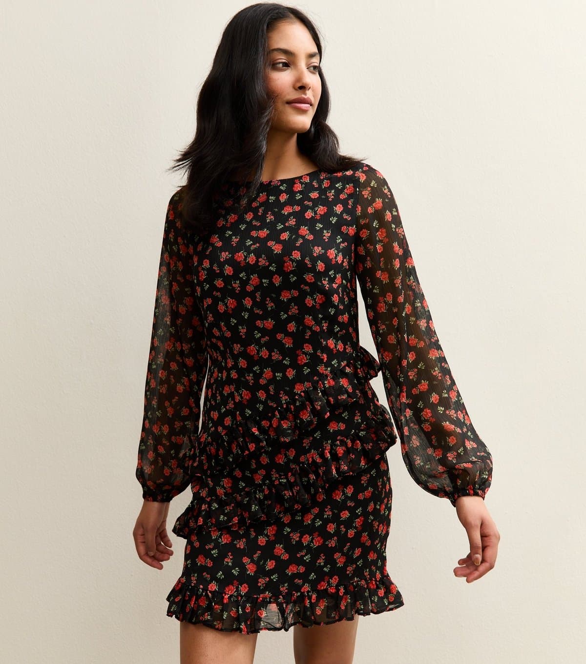 New Look Women's Black Floral Ruffle Long Sleeve Chiffon Mini Dress New Look