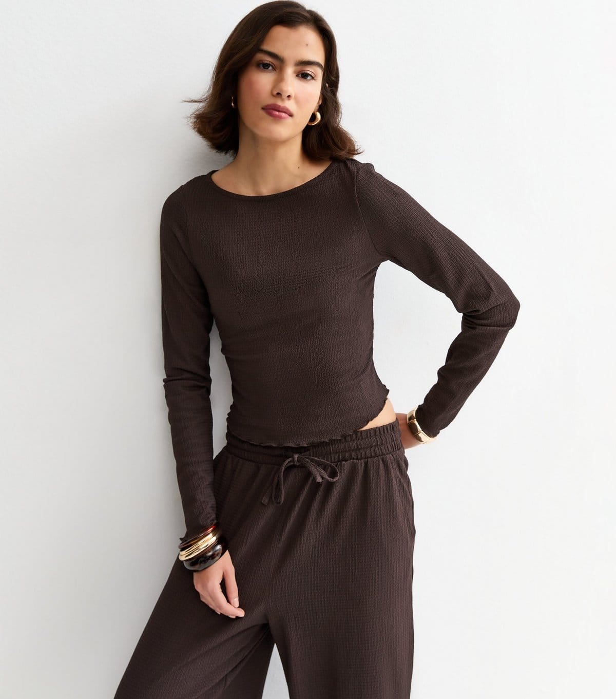 New Look Dark Brown Crinkled Jersey Long Sleeve Top