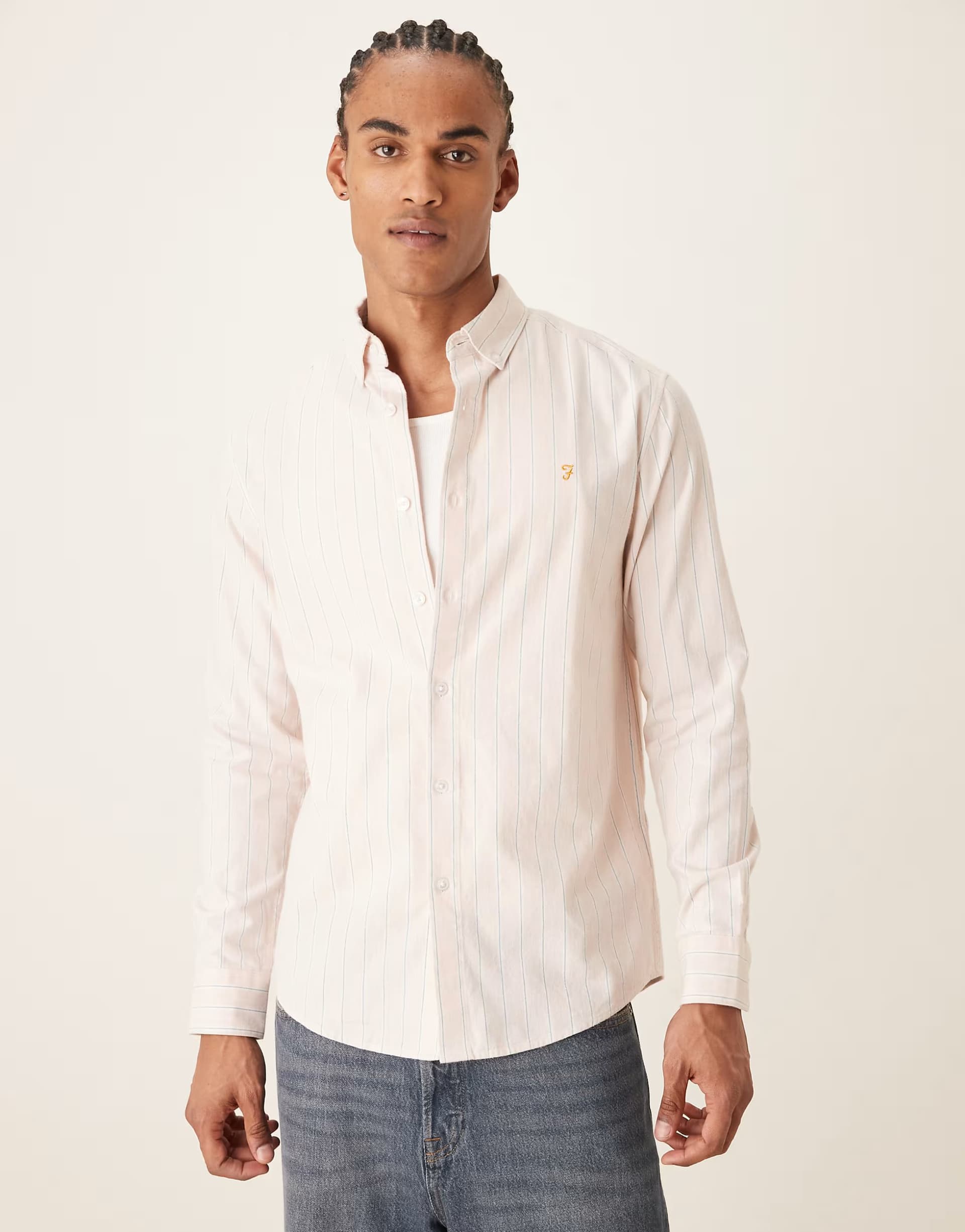 ASOS Farah Steen long sleeve logo shirt in pink wide stripe