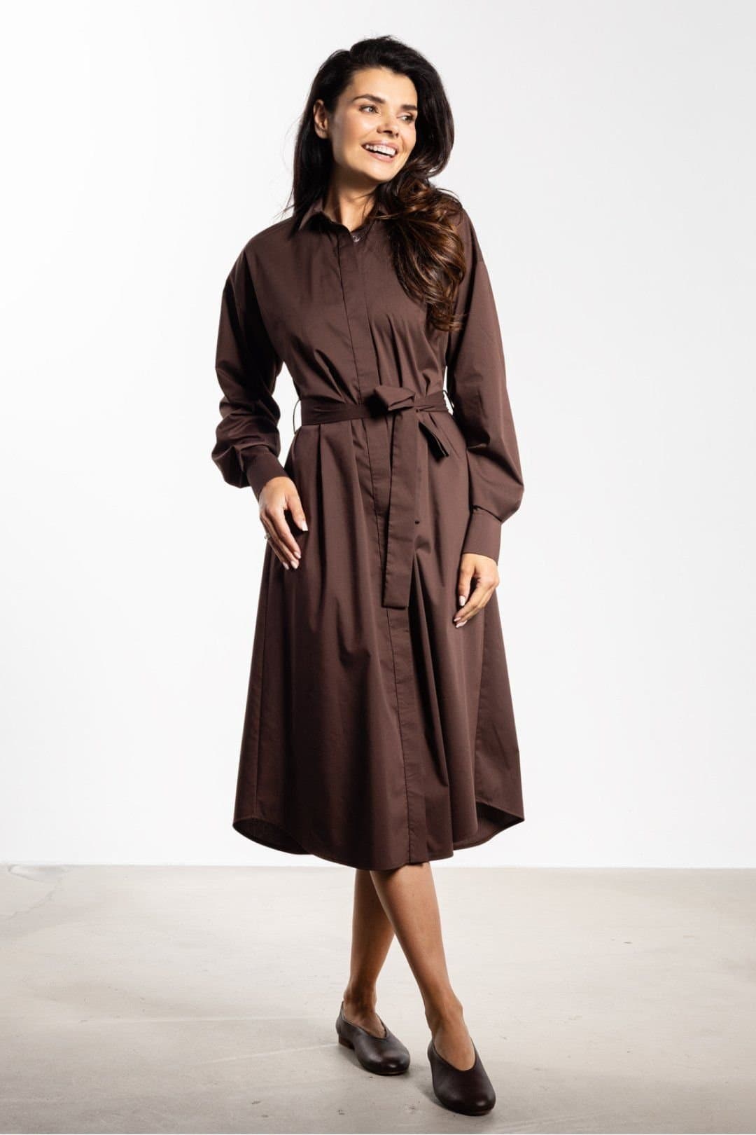 Love Lace Love Lace Women's Shirt Collar Button Dress with Waist Belt in Brown