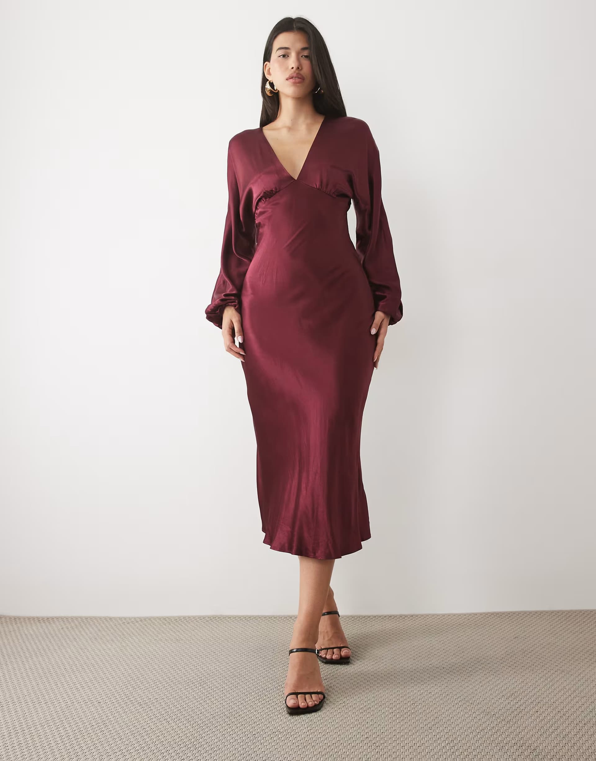 ASOS Nobody's Child Allura satin plunge neck blouson sleeve midi dress in burgundy
