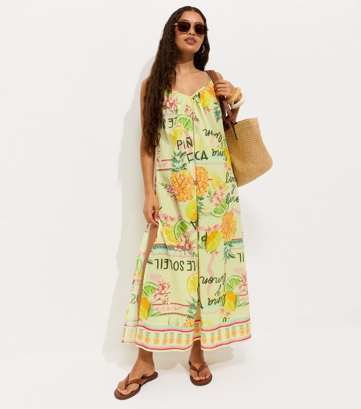 New Look Women's Petite Yellow Pineapple Print Beach Maxi Dress New Look