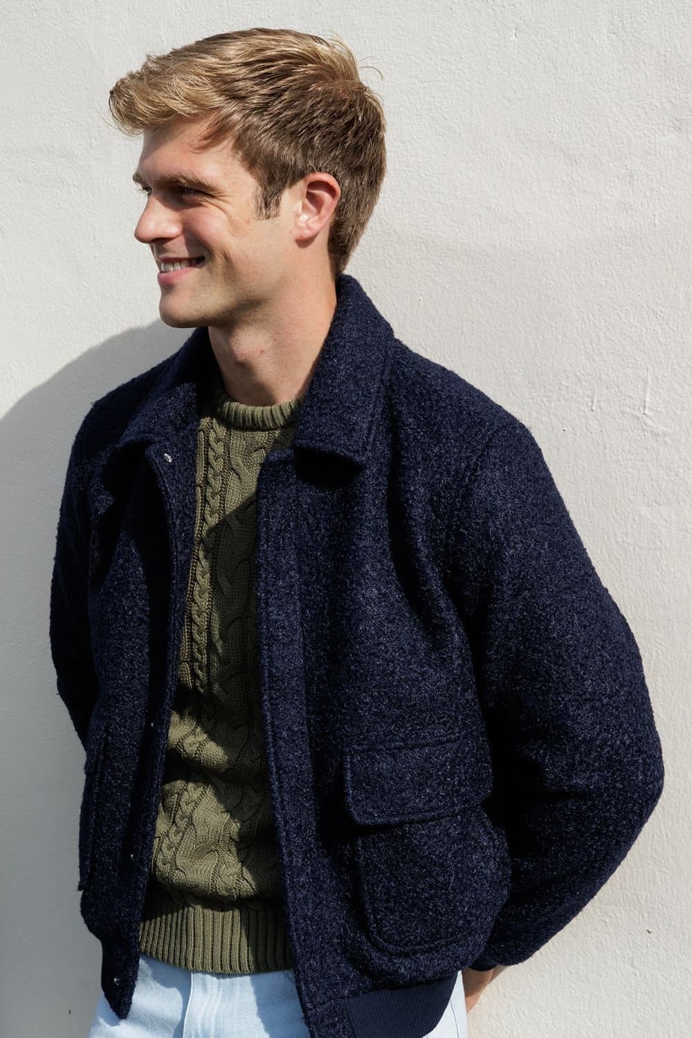 Influence Influence Men's Boucle Textured Zip Through Collared Bomber Jacket in Navy