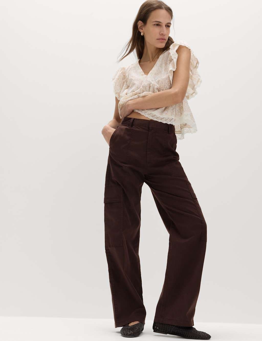 Marks & Spencer M&S Lyocell Rich Cargo Wide Leg Trousers Chocolate