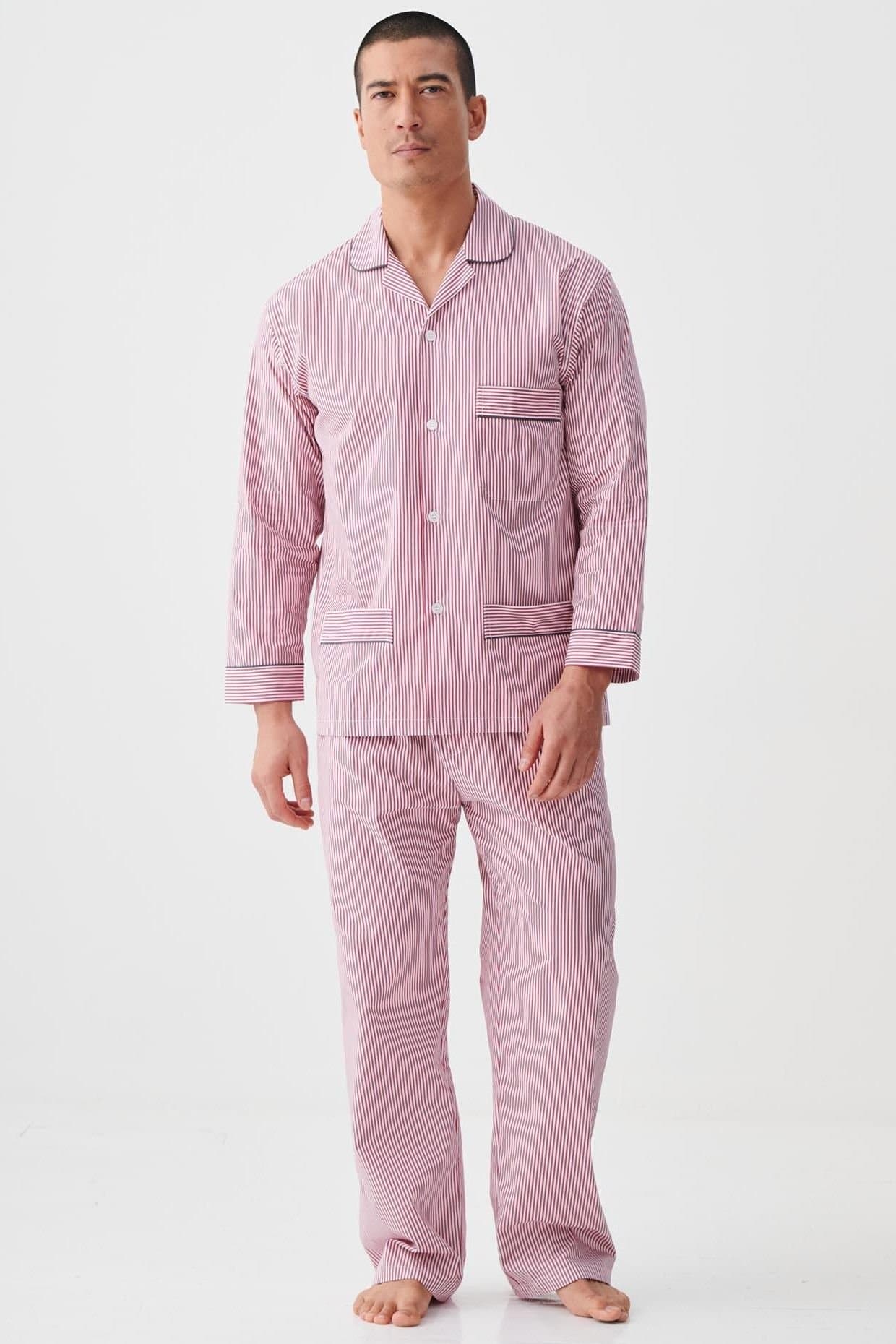 British Boxers British Boxers Men's "St James Red Pinstripe" Crisp Cotton Pyjama Set in Dark Red