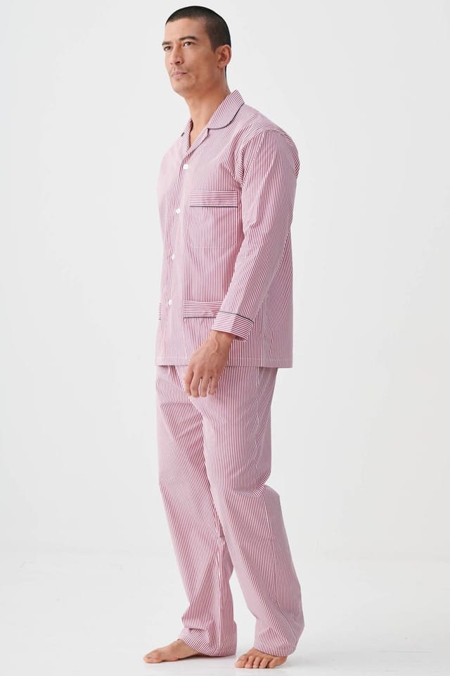 British Boxers British Boxers Men's "St James Red Pinstripe" Crisp Cotton Pyjama Set in Dark Red - 2