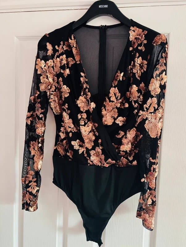 Girl in Mind Girl in mind rose gold sequin bodysuit statement wedding party holiday same day post