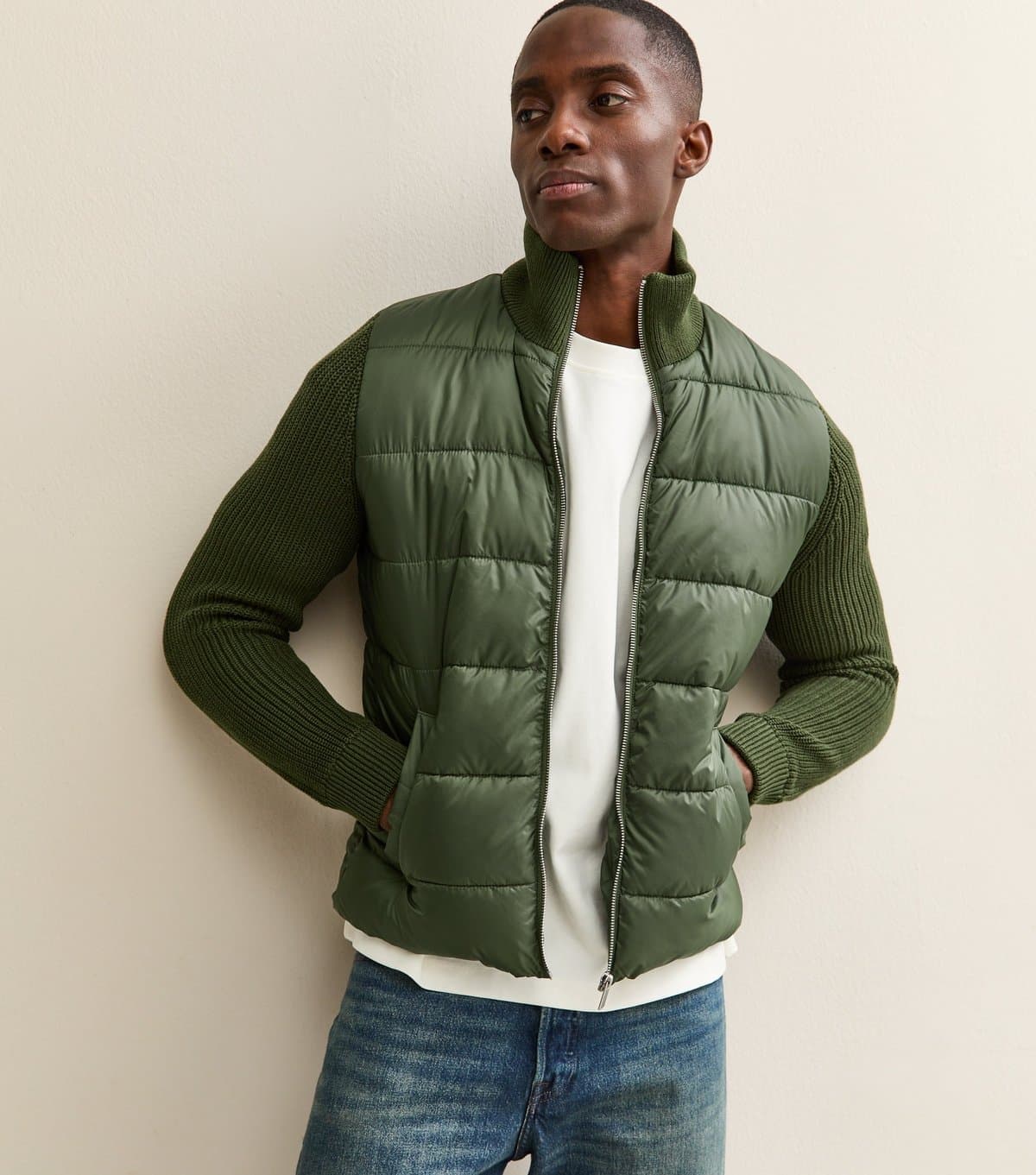 Only and Sons Men's Dark Green Regular Knit Sleeve Puffer Jacket Only and Sons New Look