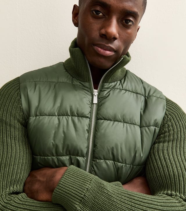 Only and Sons Men's Dark Green Regular Knit Sleeve Puffer Jacket Only and Sons New Look - 2