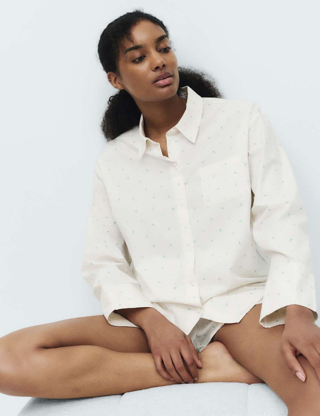 Marks & Spencer M&S Pure Cotton Floral Revere Pyjama Top White Mix