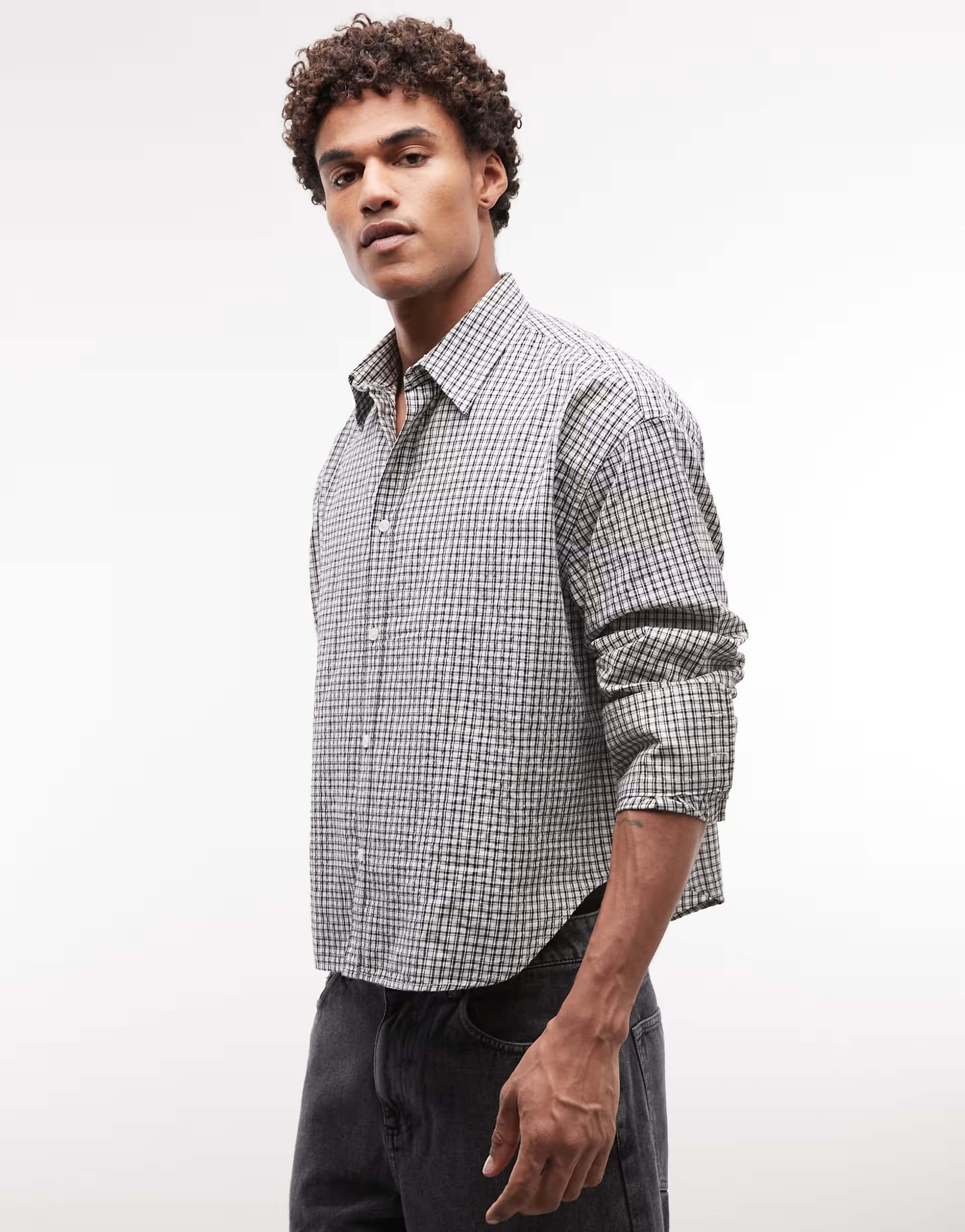 ASOS ASOS Grey Check Boxy Fit Long Sleeve Shirt