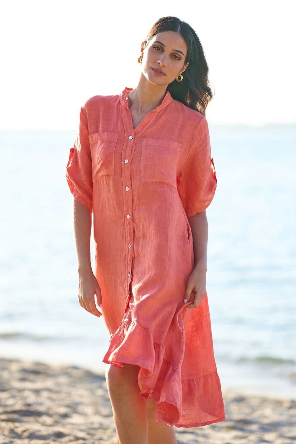 Yumi Yumi Women's Coral Italian Linen Shirt Dress With Frill Hem
