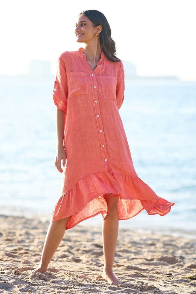 Yumi Yumi Women's Coral Italian Linen Shirt Dress With Frill Hem - 2