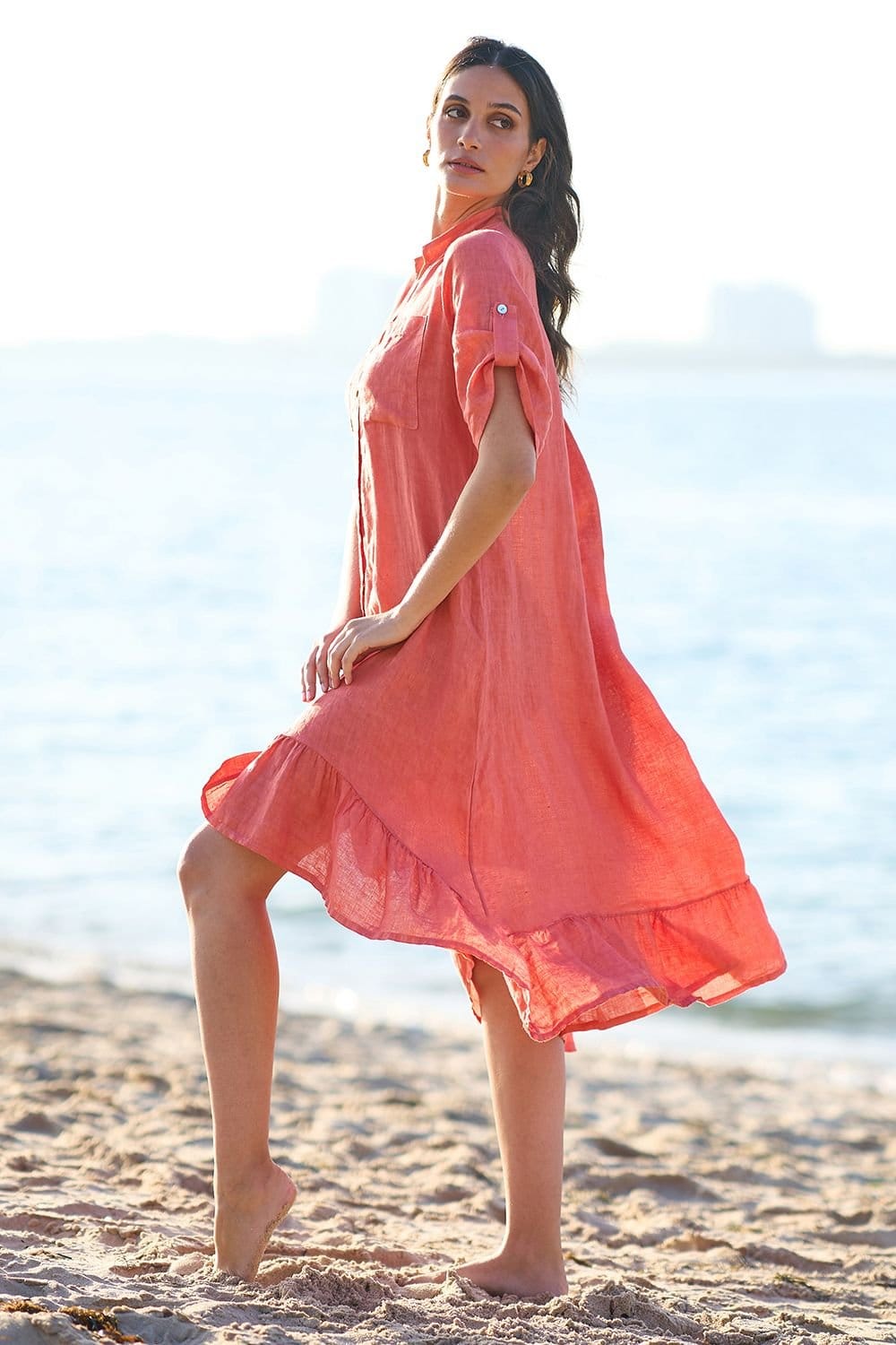 Yumi Yumi Women's Coral Italian Linen Shirt Dress With Frill Hem - 4