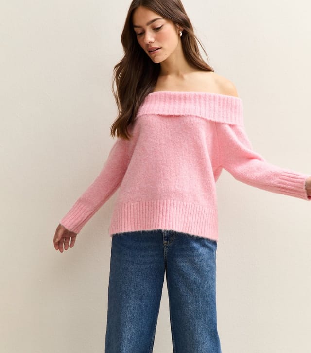 New Look Women's Petite Bright Pink Knitted Bardot Top New Look - 2