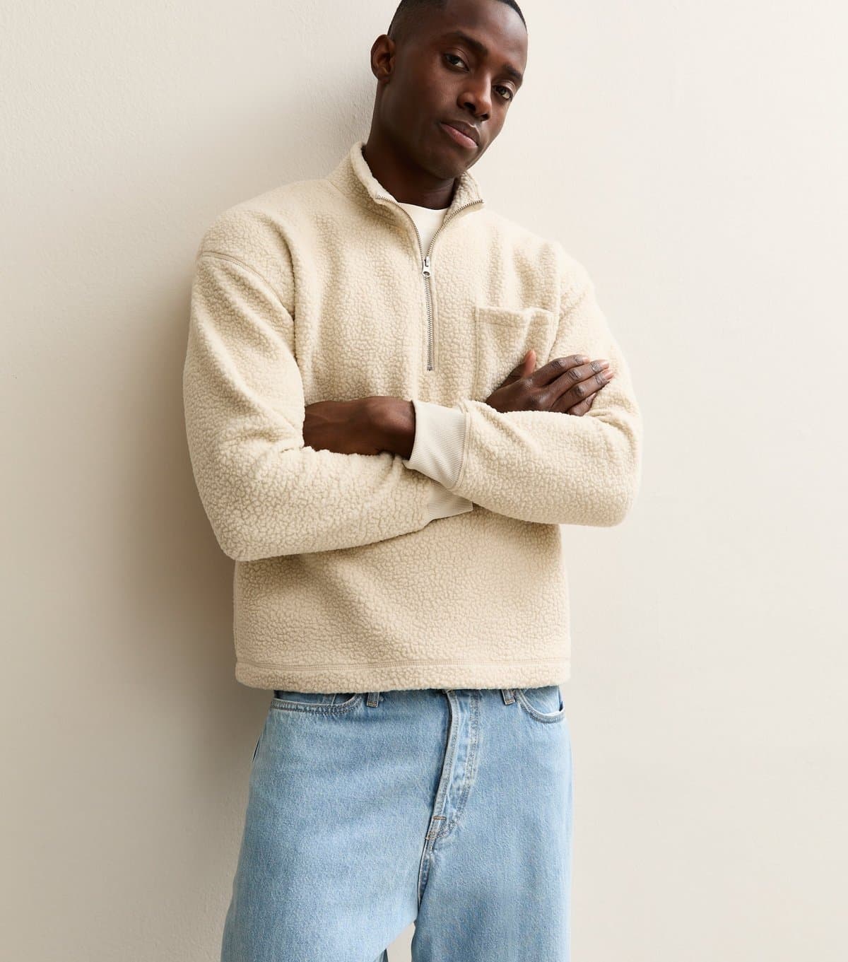 jack & jones Men's Oatmeal Teddy High Zip Neck Sweatshirt Jack & Jones New Look