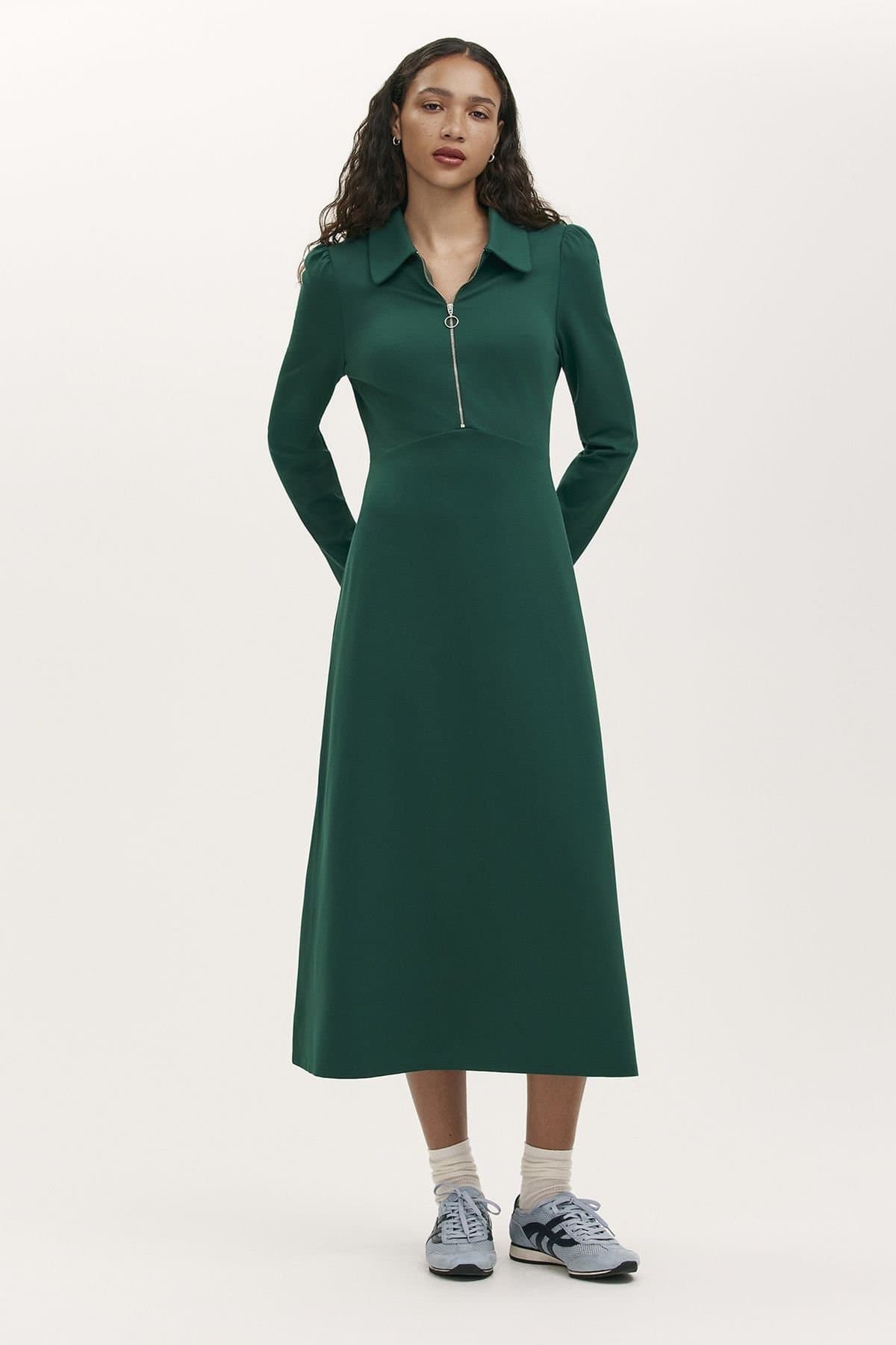 Finery London Finery London Women's Elvira Ponte Jersey Zip Front Midi Dress in Bottle Green