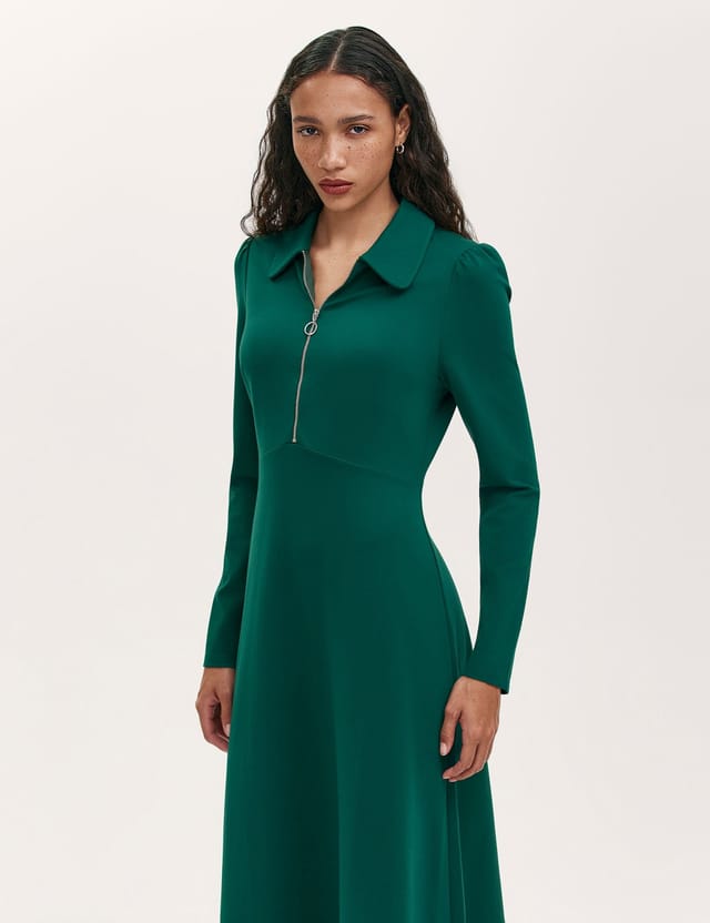 Finery London Finery London Women's Elvira Ponte Jersey Zip Front Midi Dress in Bottle Green - 2