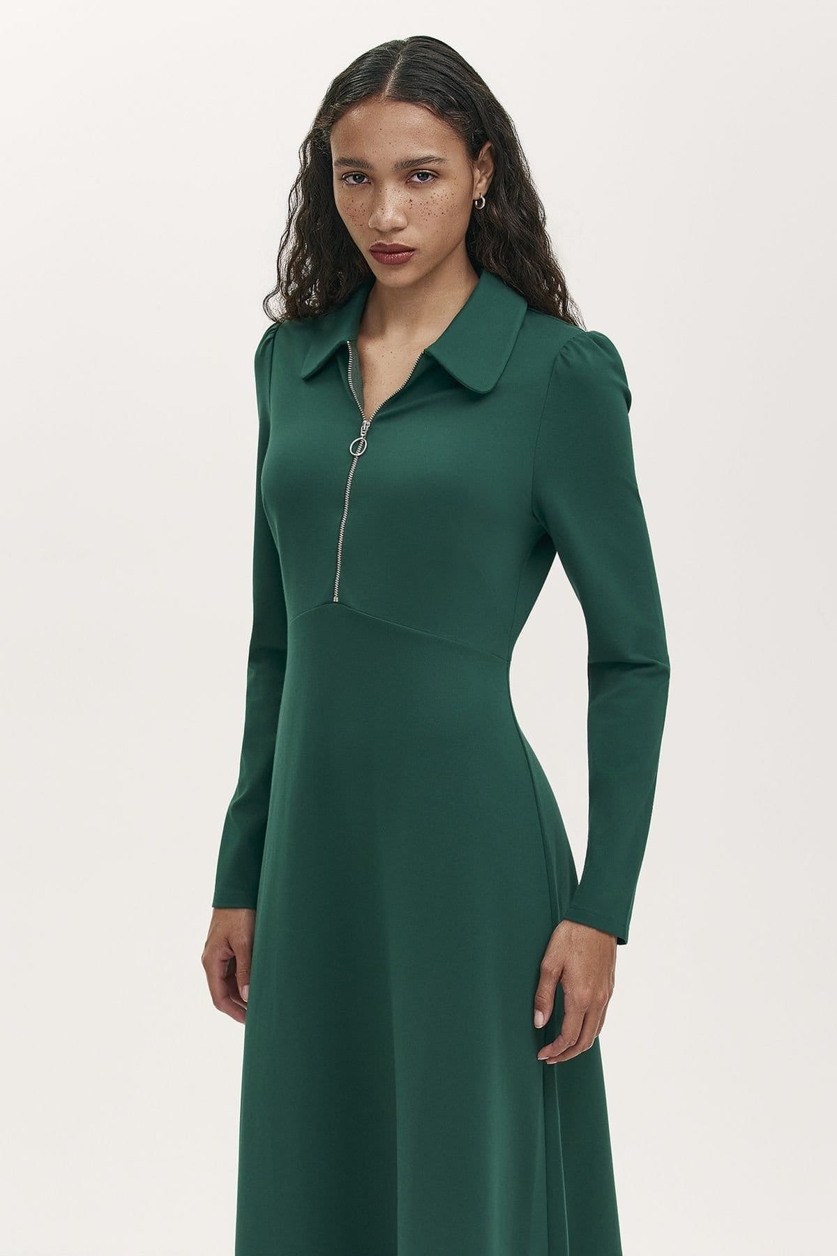 Finery London Finery London Women's Elvira Ponte Jersey Zip Front Midi Dress in Bottle Green - 4