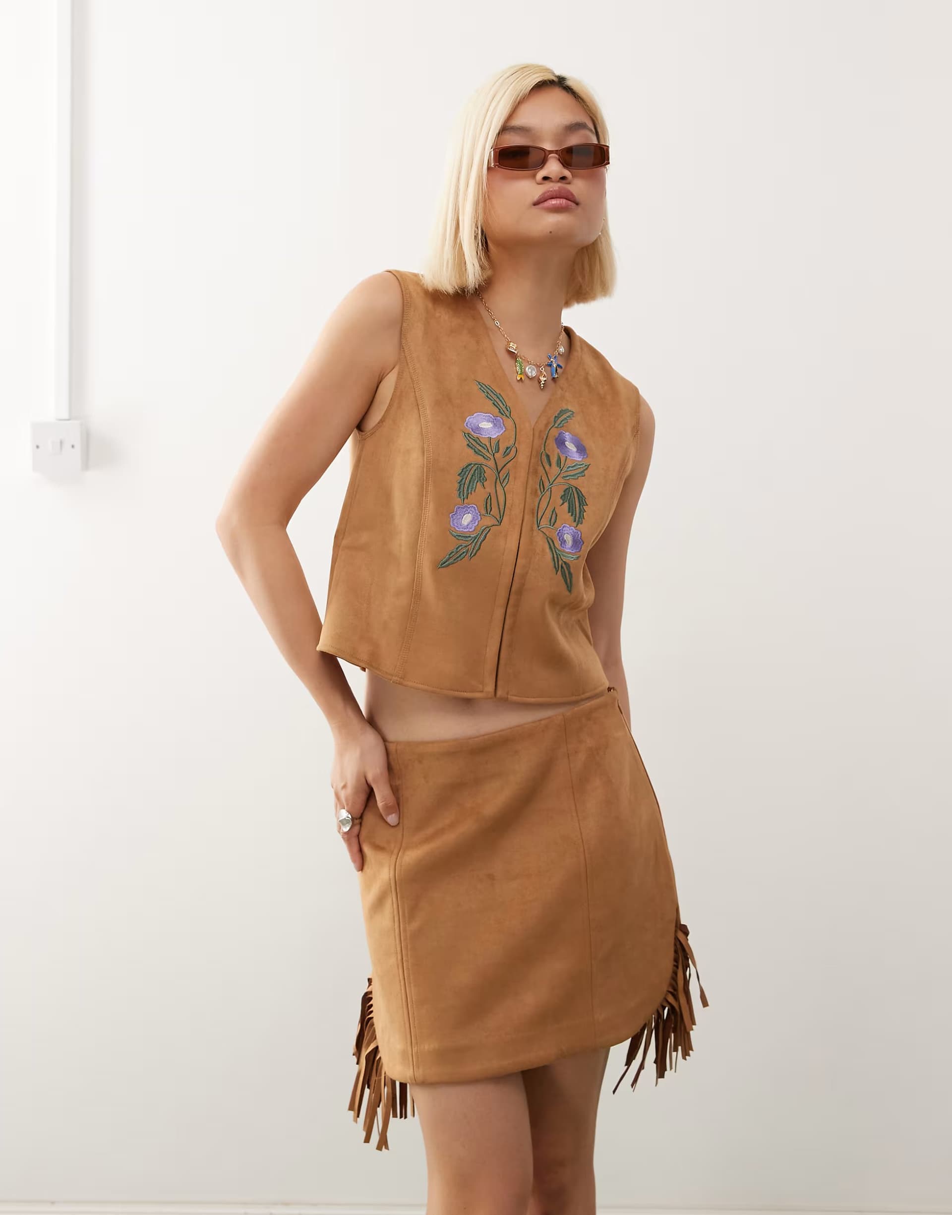 ASOS ASOS Tan Faux Suede Festival Mini Skirt with Fringing