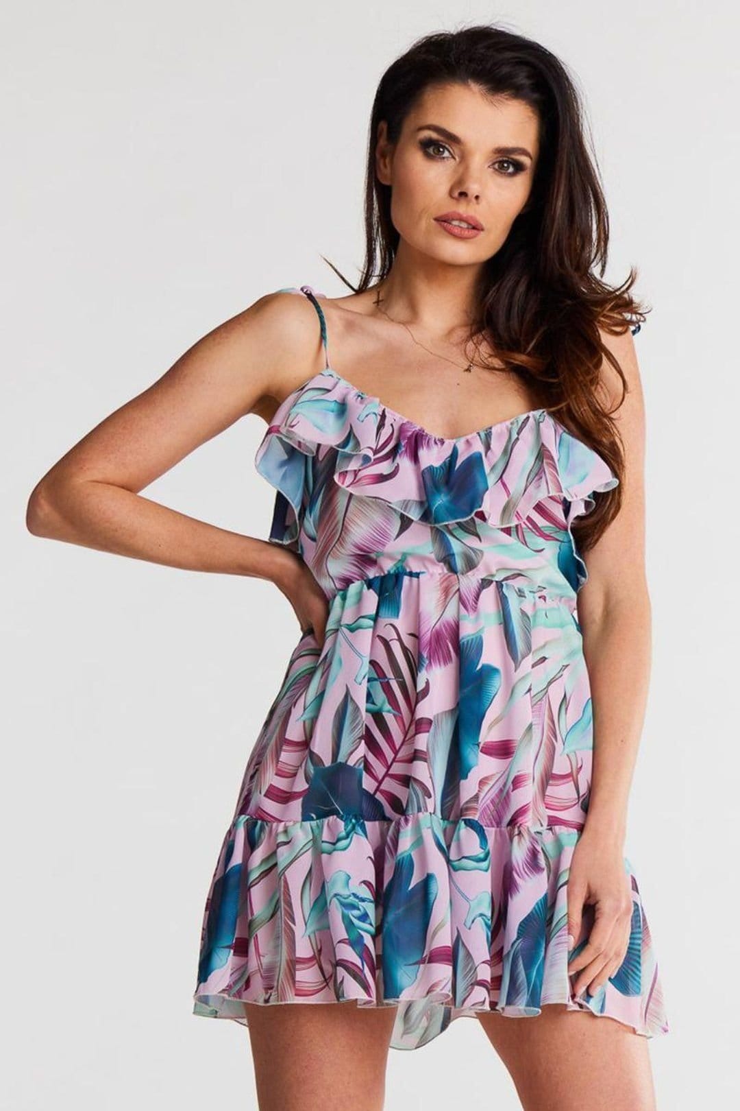 Love Lace Multicolor Chiffon Short Dress With Frilled Neckline