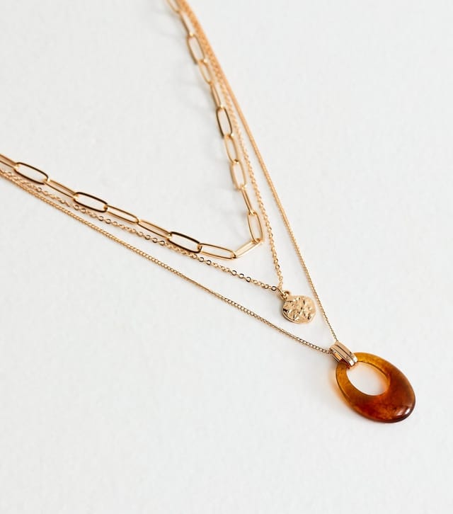 New Look Gold Tone Triple Chain Bead Resin Necklace New Look - 3