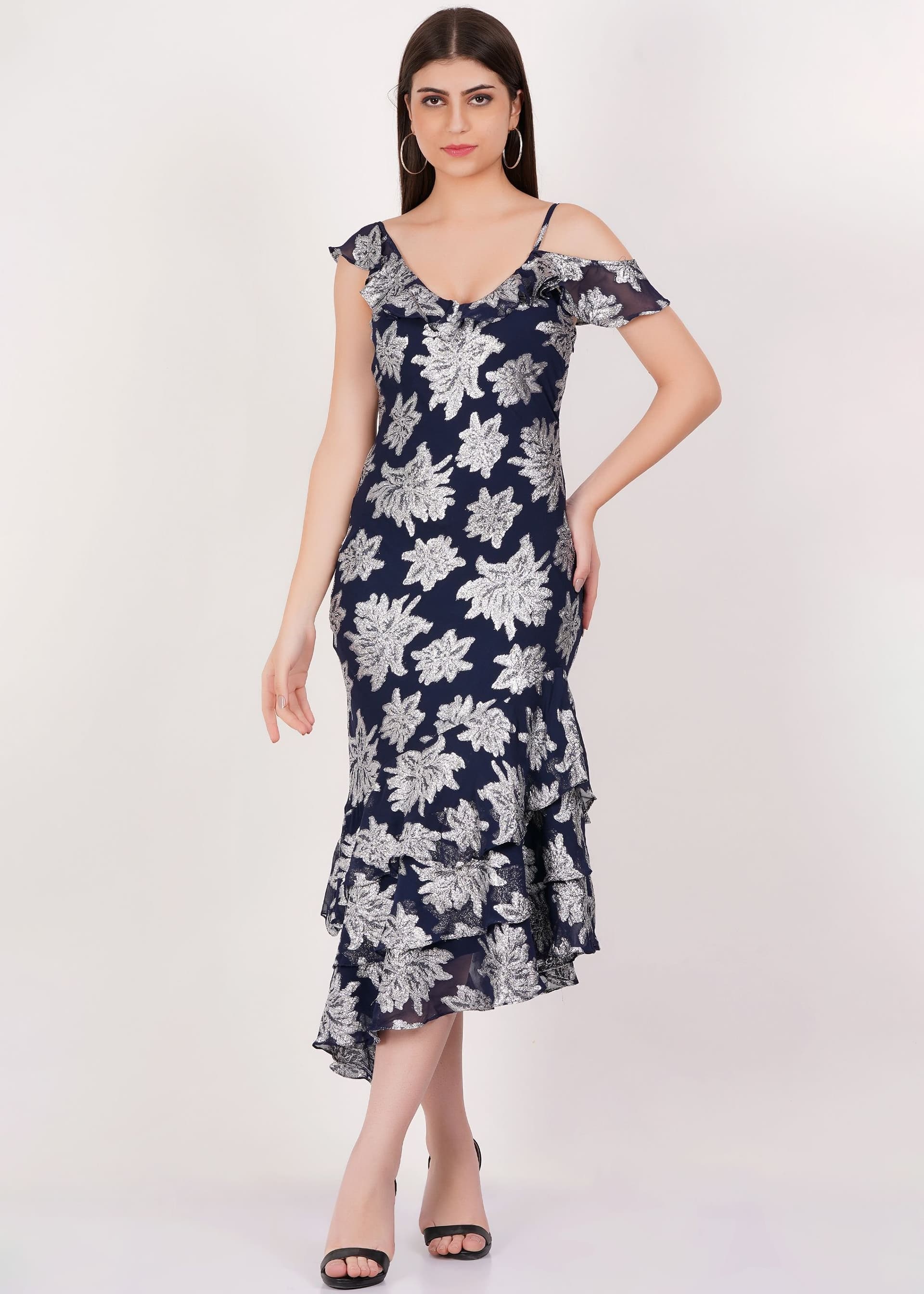 Gini London Gini London Women's Navy Floral Clipped Tiered Ruffle Midi Dress