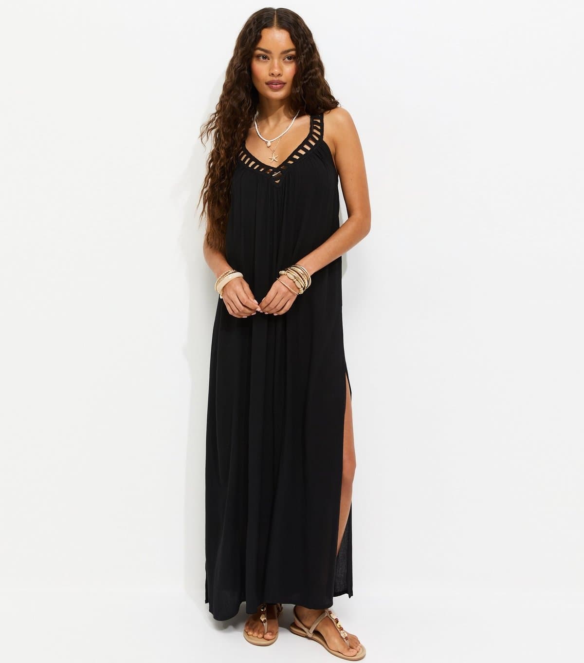 New Look Women's Petite Black Crochet Trim V-Neck Beach Maxi Dress New Look