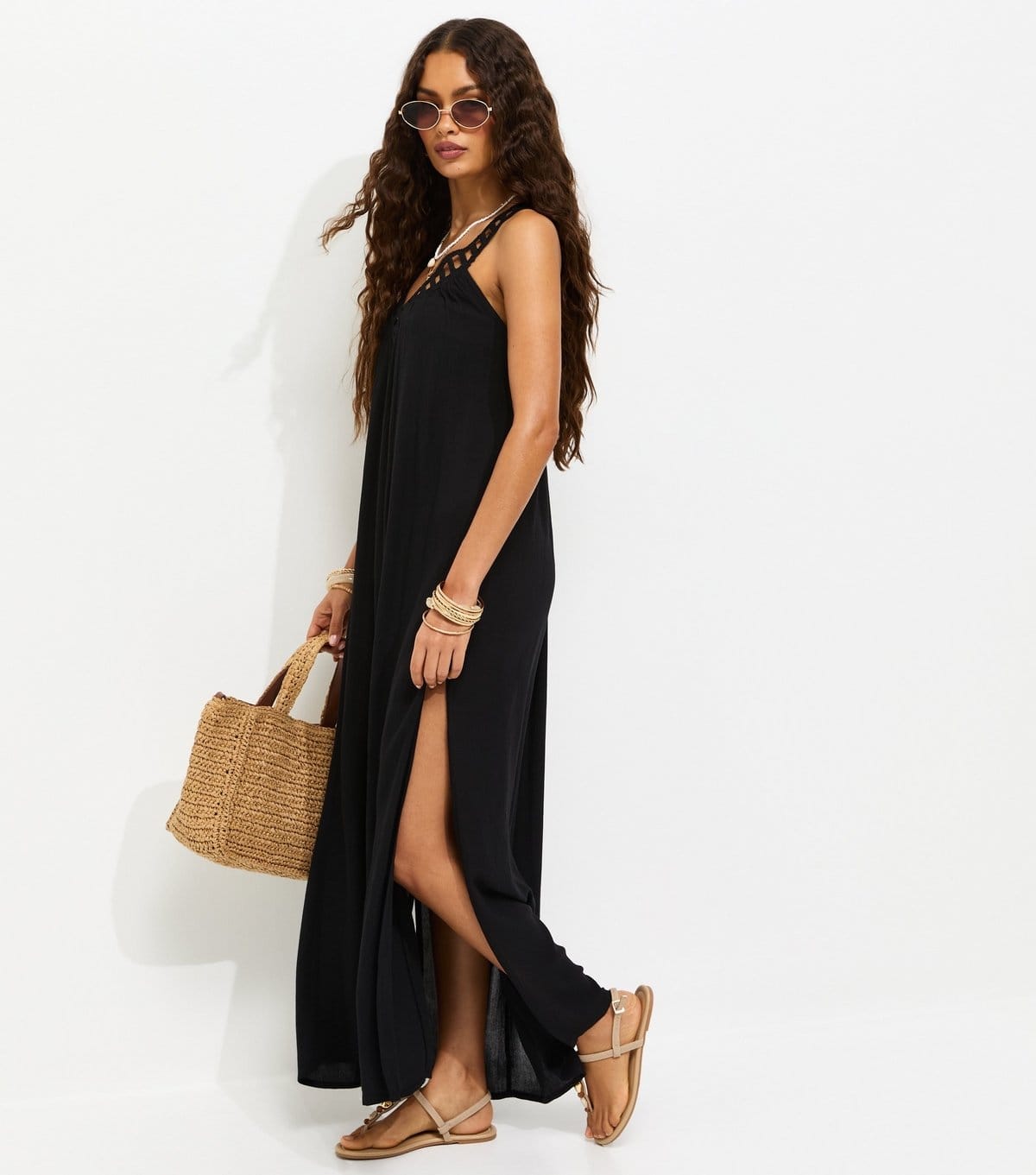 New Look Women's Petite Black Crochet Trim V-Neck Beach Maxi Dress New Look - 4