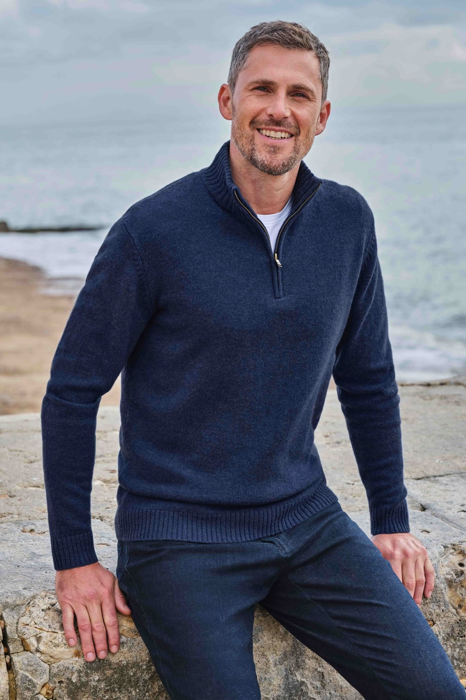 WoolOvers WoolOvers Men's Mens Lambswool Zip Neck Jumper in Dark Navy