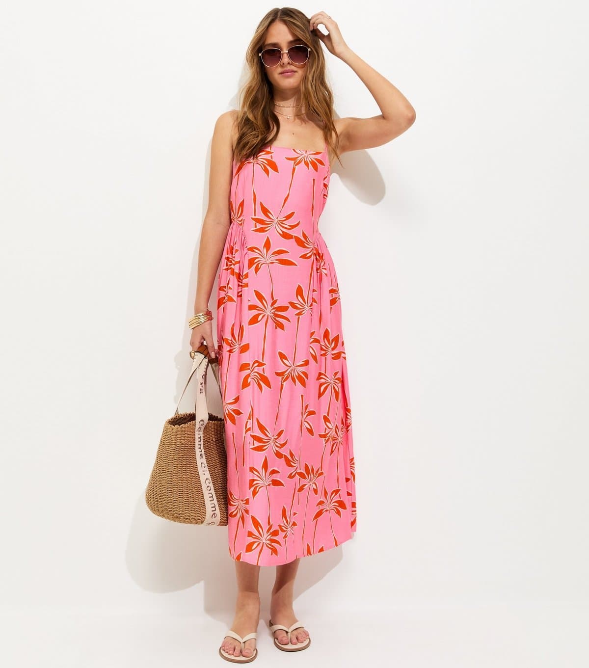 New Look Women's Pink Tropical Print Godet Panel Strappy Midi Dress New Look