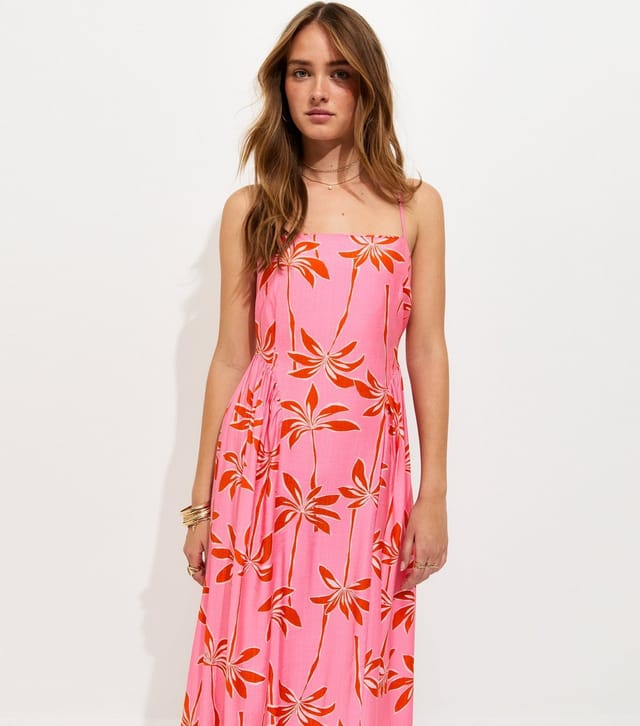 New Look Women's Pink Tropical Print Godet Panel Strappy Midi Dress New Look - 3