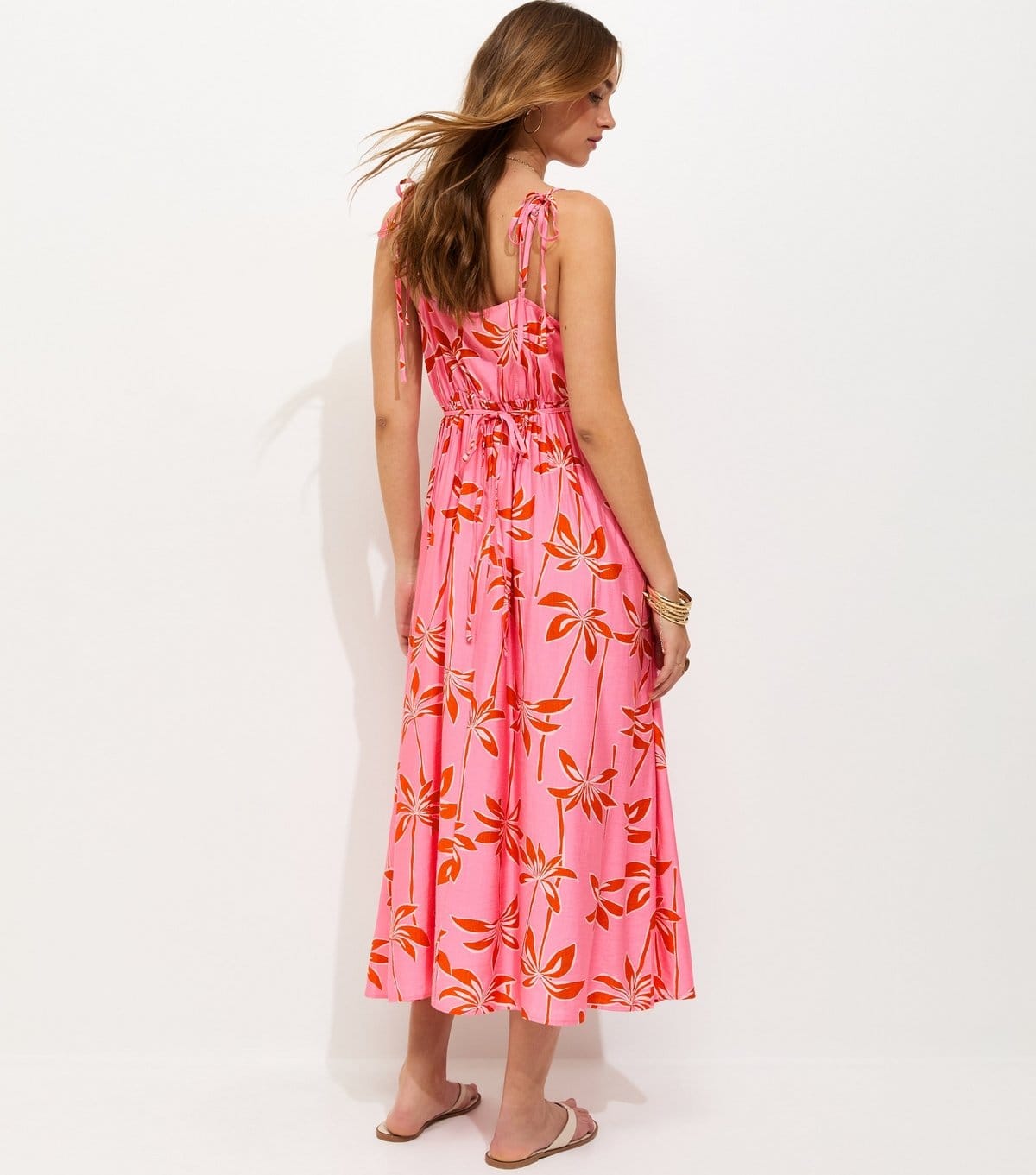 New Look Women's Pink Tropical Print Godet Panel Strappy Midi Dress New Look - 4